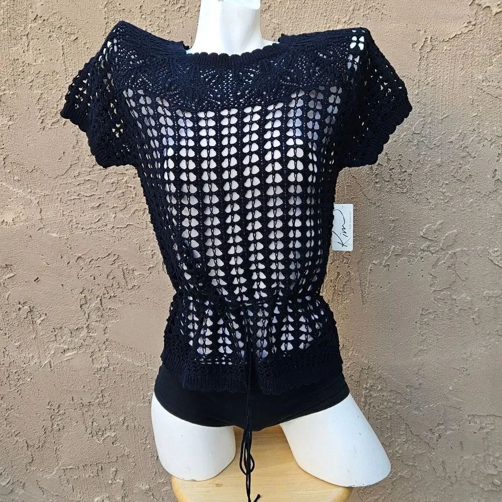 Kim Rogers Black Open Knit Short Sleeve Top